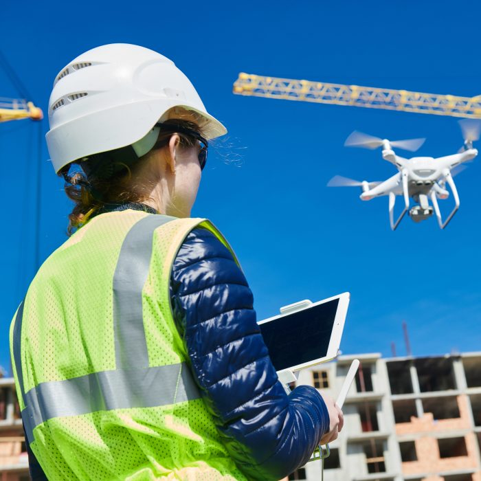 Construction female worker piloting drone at building site. video surveillance or industrial inspection